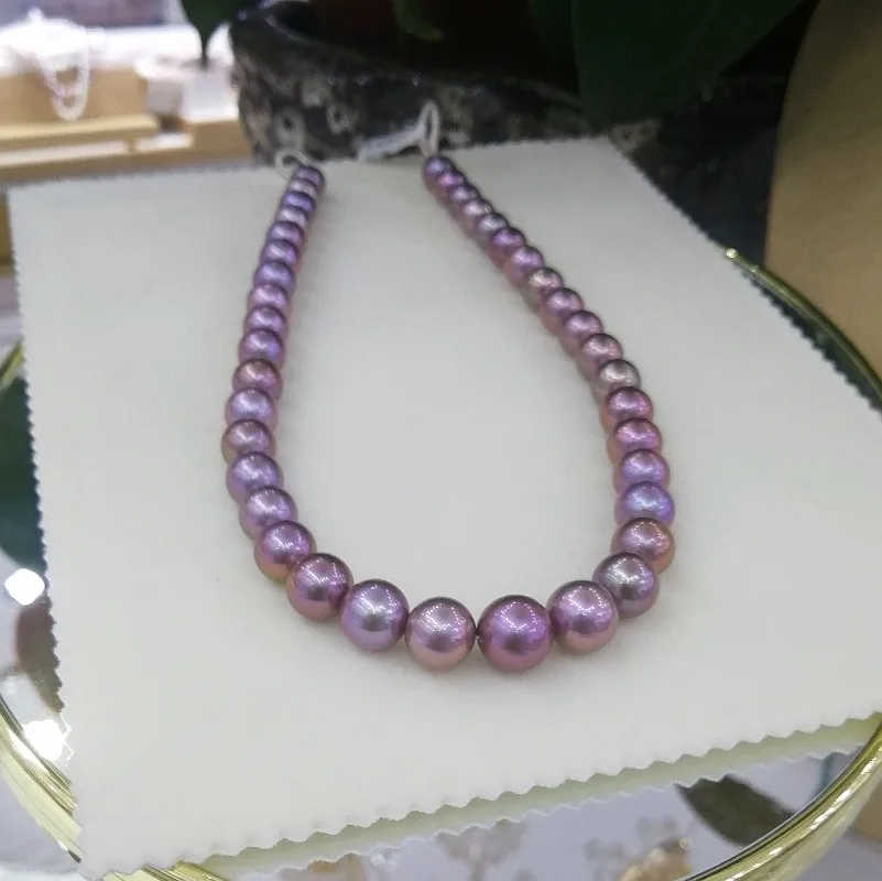 Purple Natural 10-11mm Pearl Necklace Round Purple Large Particles
