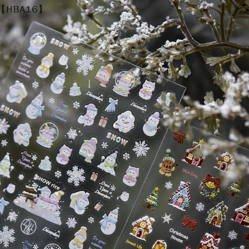 〔HBA16〕크리스마스 릴리프 네일 아트 스티커 겨울 판타지 어린이 네일 스티커 작은 눈사람/집 장식 스티커