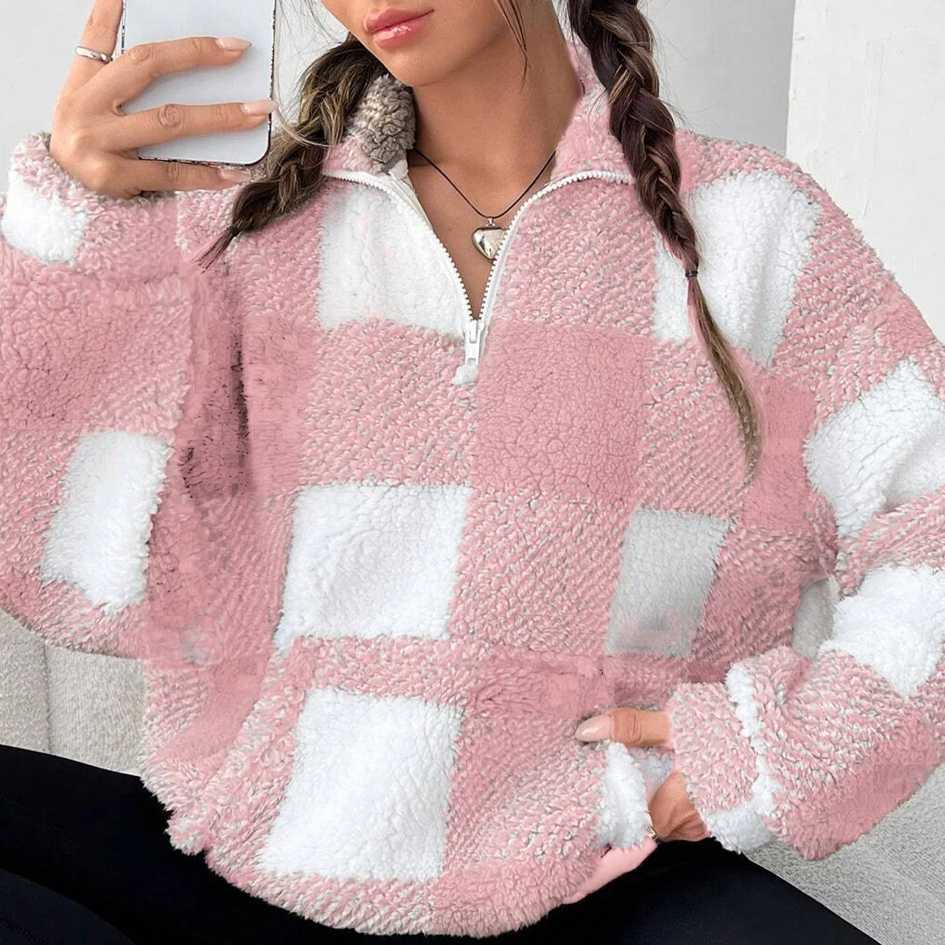 2025 Women's Plaid Jacket Reversible Furry Zip Up Oversized Fall Streetwear Coat