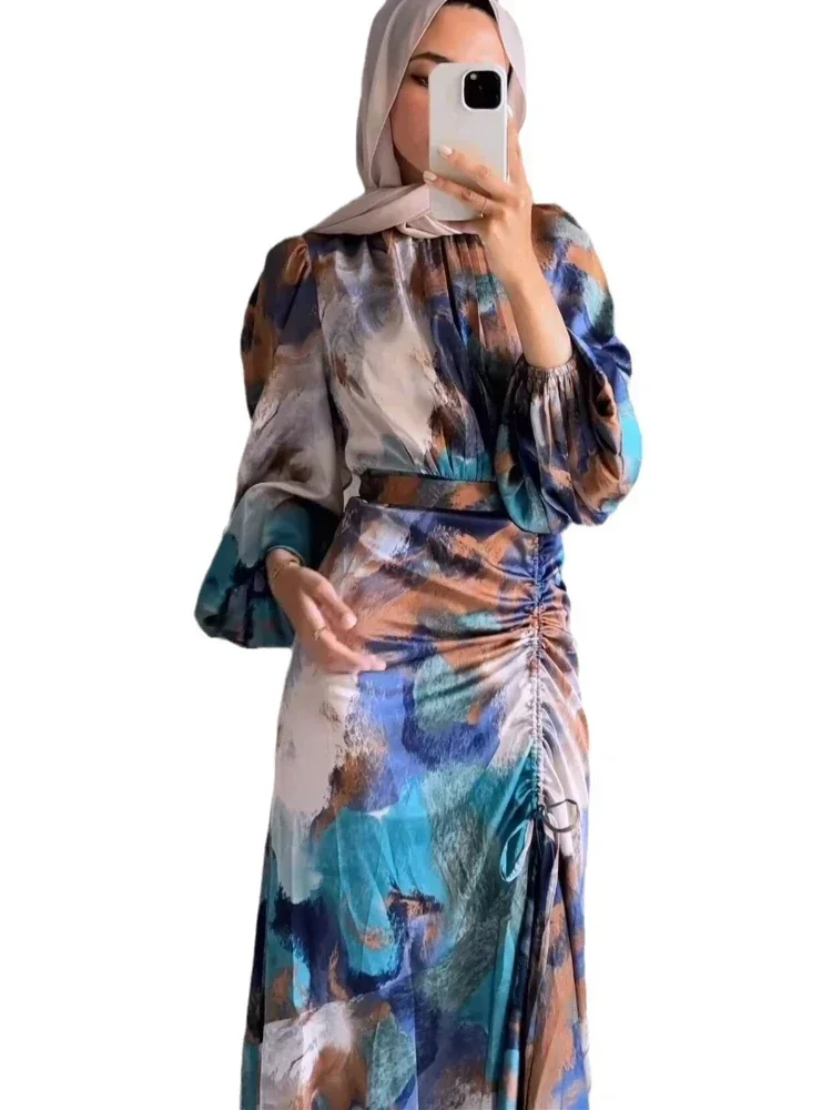 Fashion Abaya Elegant Muslim Female Robe Waist Drawstring Half High Neck Lantern Sleeve Slim Long Dress Graffiti Trendy Robes