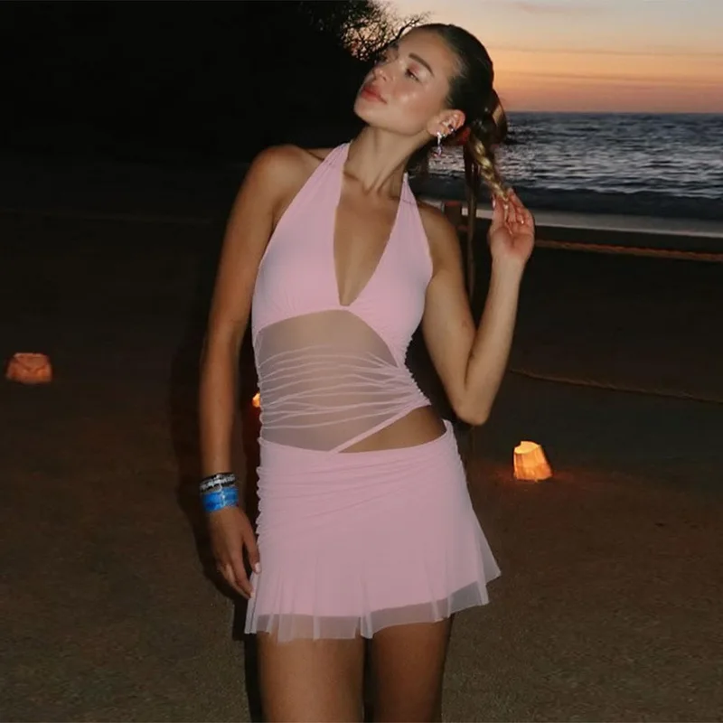 

Sexy Pink Pleated Mini Dress Deep V-neck Sleeveless Backless Bodycon Dress Halter-neck Spliced Mesh Package Hip Skirt Night Club