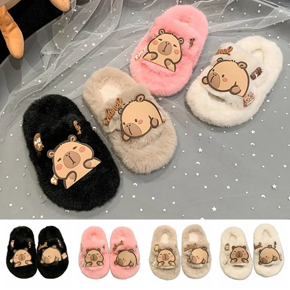 الإبداعية الأطفال الدافئة كابيبارا النعال Kawaii المطاط وحيد كابيبارا نعال قماش طويلة أفخم رقيق الشتاء أحذية المنزل غرفة نوم