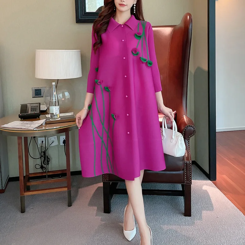 

Pleated Dress New 2026 spring Turn-Down Collar Printed Loose Plus Size Slimming Single-Breasted Cardigan