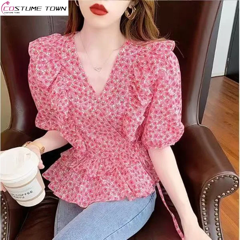 

2024 Summer New Fashionable Ruffle Edge V-Neck Fragmented Flower Short Sleeves Slimming Shirt Women's Trend