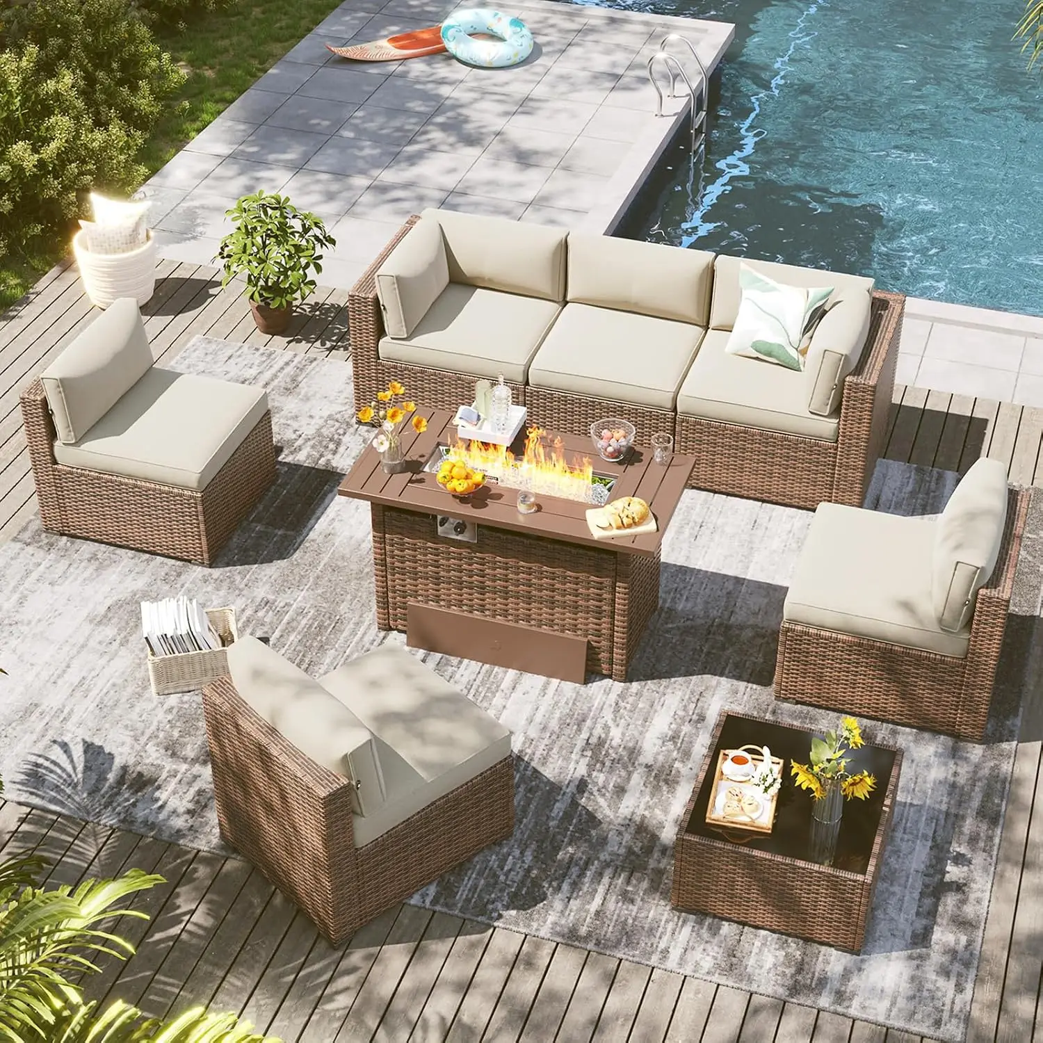 Outdoor Patio Furniture Set with 44'' Fire Pit & 4'' Thick Cushion, Wicker Rattan Sofa for Backyard Garden, Beige, Customized
