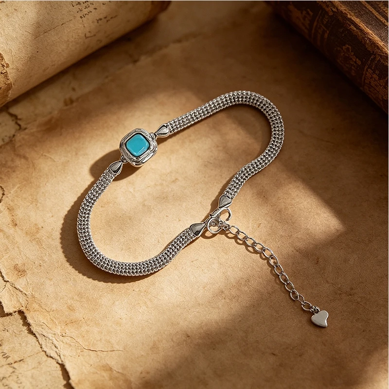 Literary and retro style hand jewelry, Nepalese style, S925 silver inlaid with turquoise bracelet, new Chinese style, aged silve