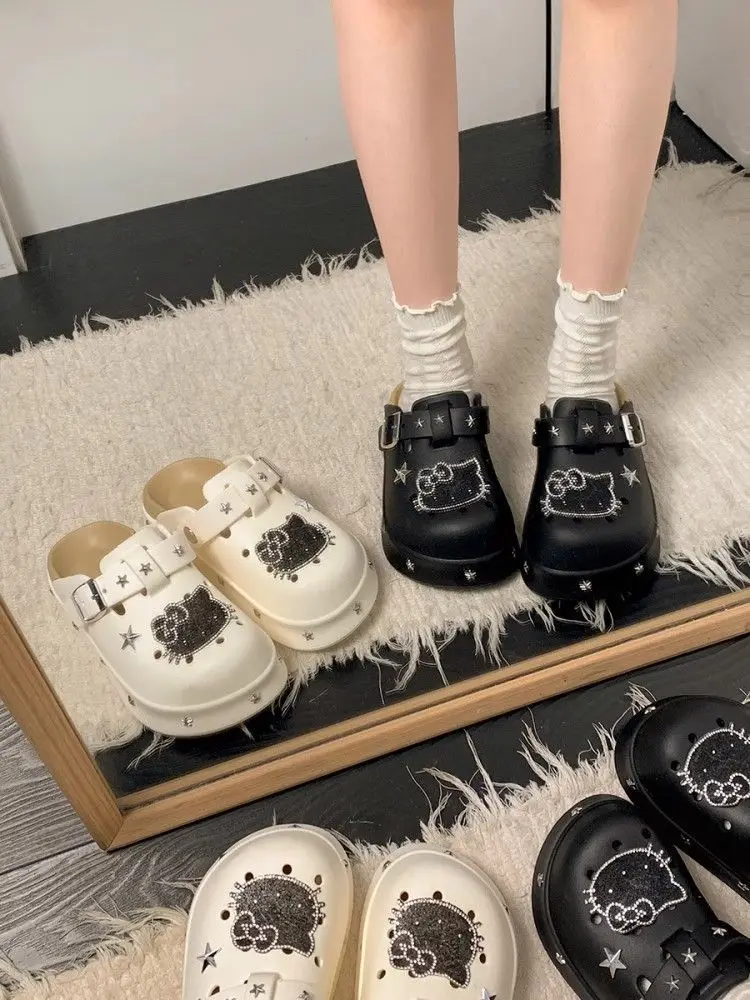 

Sanrio Hello Kitty Slippers Women Cartoon Hello Kitty Stars Rivet Sandal Non-slip EVA Thicken Platform Summer Beach Shoes Flat