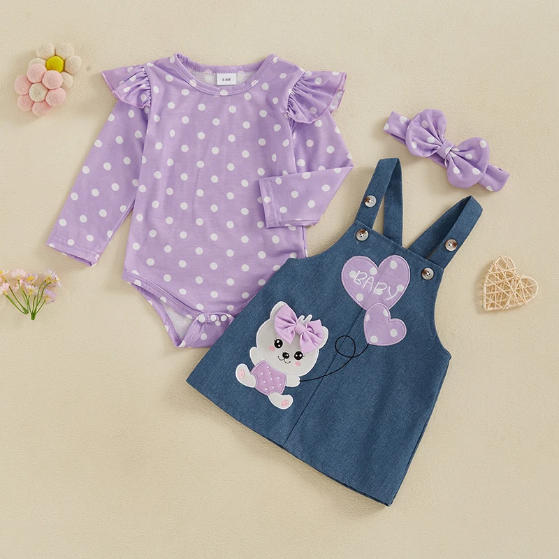 طفلة 3 قطعة مجموعة دوت كشكش كم طويل رومبير الدب القلب فستان عام القوس عقال ربيع الخريف وتتسابق