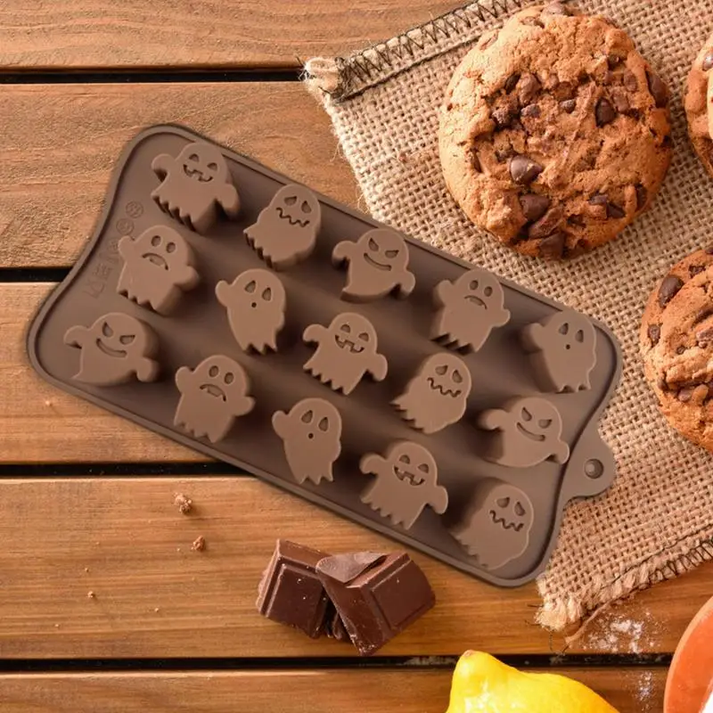 Moldes de silicona para Chocolate de Halloween, moldes de fundición de resina, 15 cavidades, calabaza, fantasma, caramelo, gelatina, pastel de cubitos de hielo