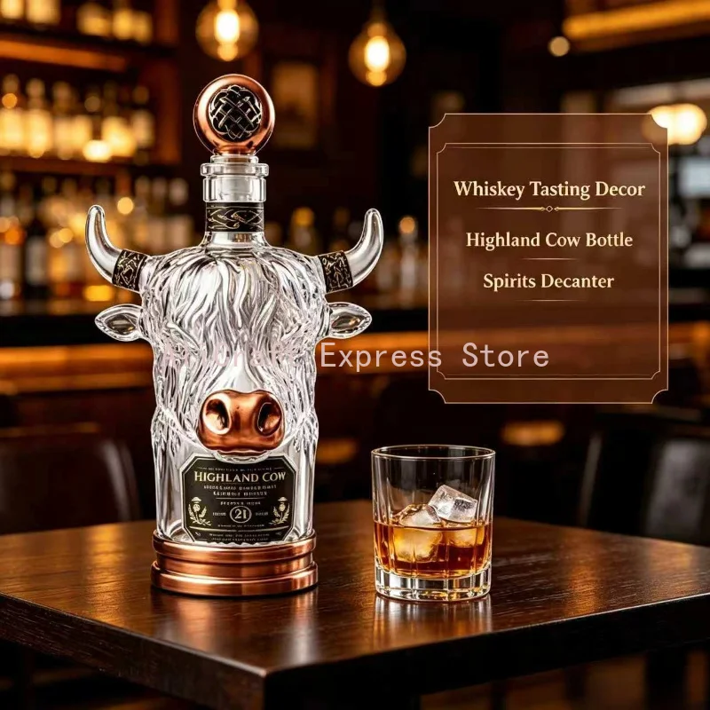 3D Highland Cow Crystal Whiskey Decanter with Gift Box, Decorative Bourbon Scotch Liquor Bottle, Collectible Home Barware