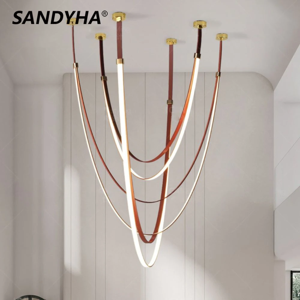 SANDYHA Post-modern Minimalist Living Room Chandelier Creative Long Strip Belt Led Lamp for Villa Hall Duplex LOFT Pendant Light