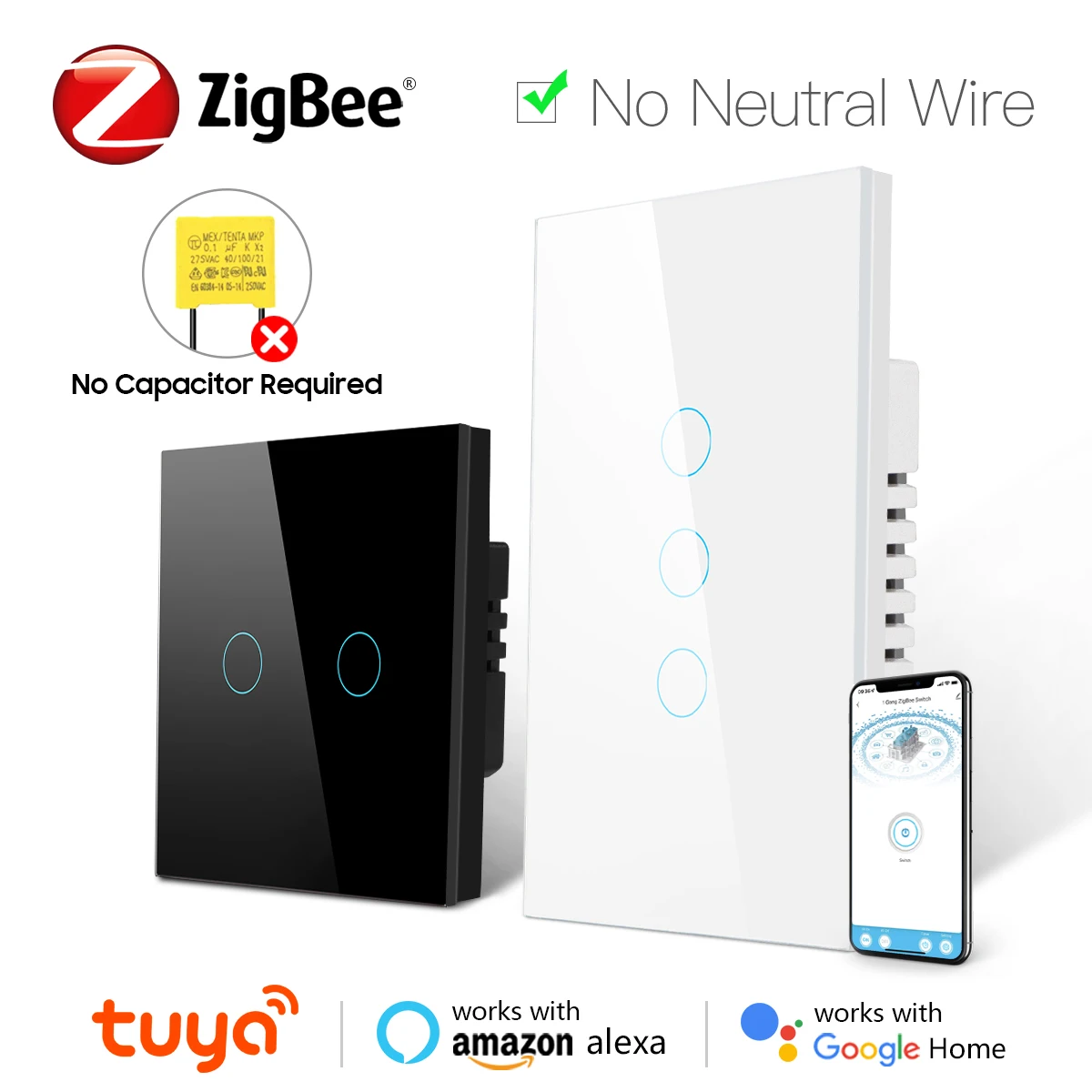 Nessun condensatore richiede Zigbee Tuya Smart LED Light Touch Sensor interruttore a parete con/No neutro Wire Support Alexa Google Home Control