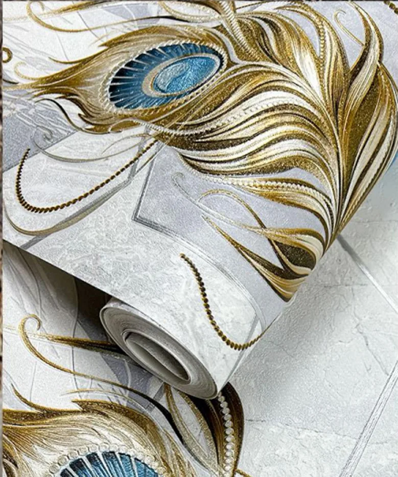 Luxury Golden Peacock Feather Wallpaper Black Grey Marble Hexagon Wall Paper 3D Papel De Parede for Living Room Hotel Home Decor