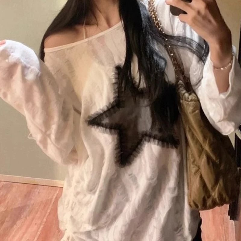 Design Feeling of Holes, Sunscreen, Off-the-shoulder Long Sleeve T-shirt, Women's Loose Drawstring Strap Top