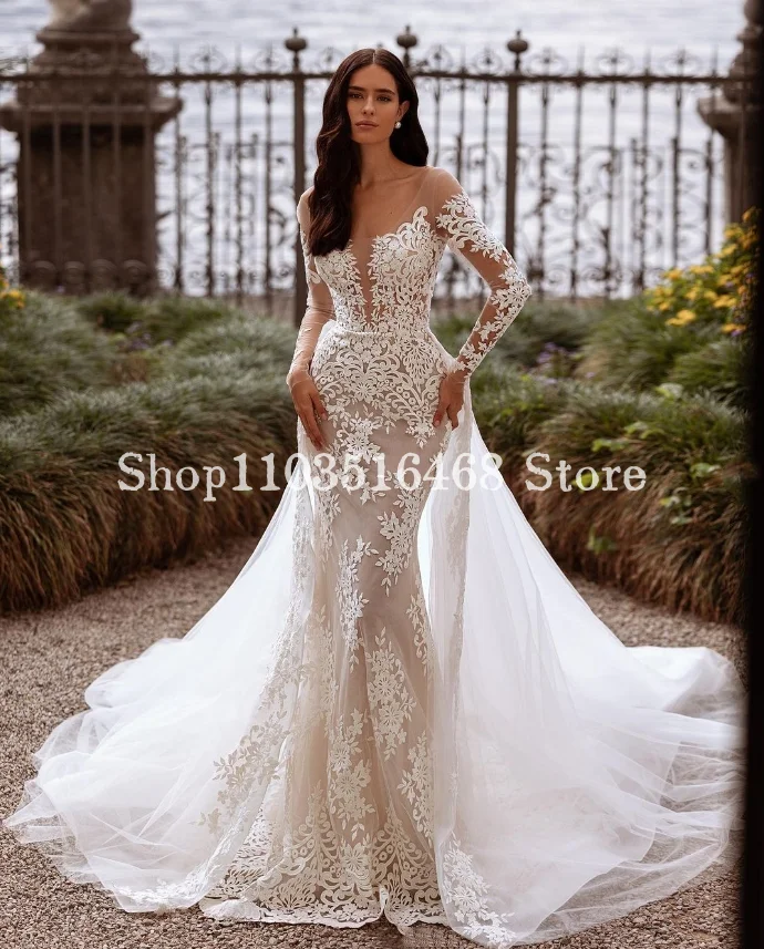 Elegant Mermaid Wedding Dress 2024 Luxury White Long Sleeve Appliqué Sheer With Measured Train Formal Wedding robes de soirée