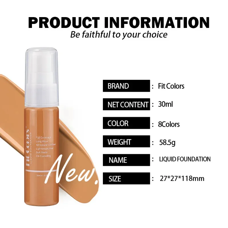 8 Color Liquid Foundation Lasting Brighten Skin Color Contour Concealer Waterproof Oil-control Natural Make Up Foundation 30ml