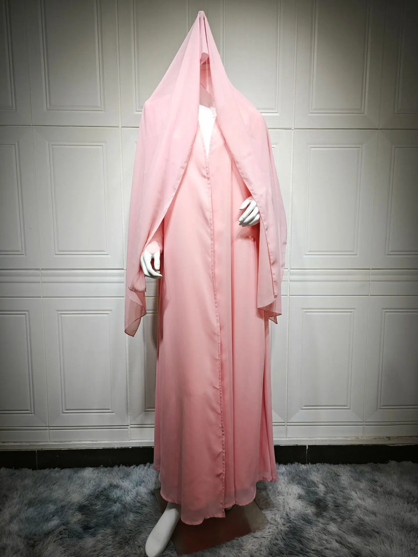 Uni Ramadan Dubai Rosa Chiffon Offene Abaya mit Hijab inklusive lockerer Ärmel muslimischer Strickjacke Marokkanischer Kaftan für Frauen