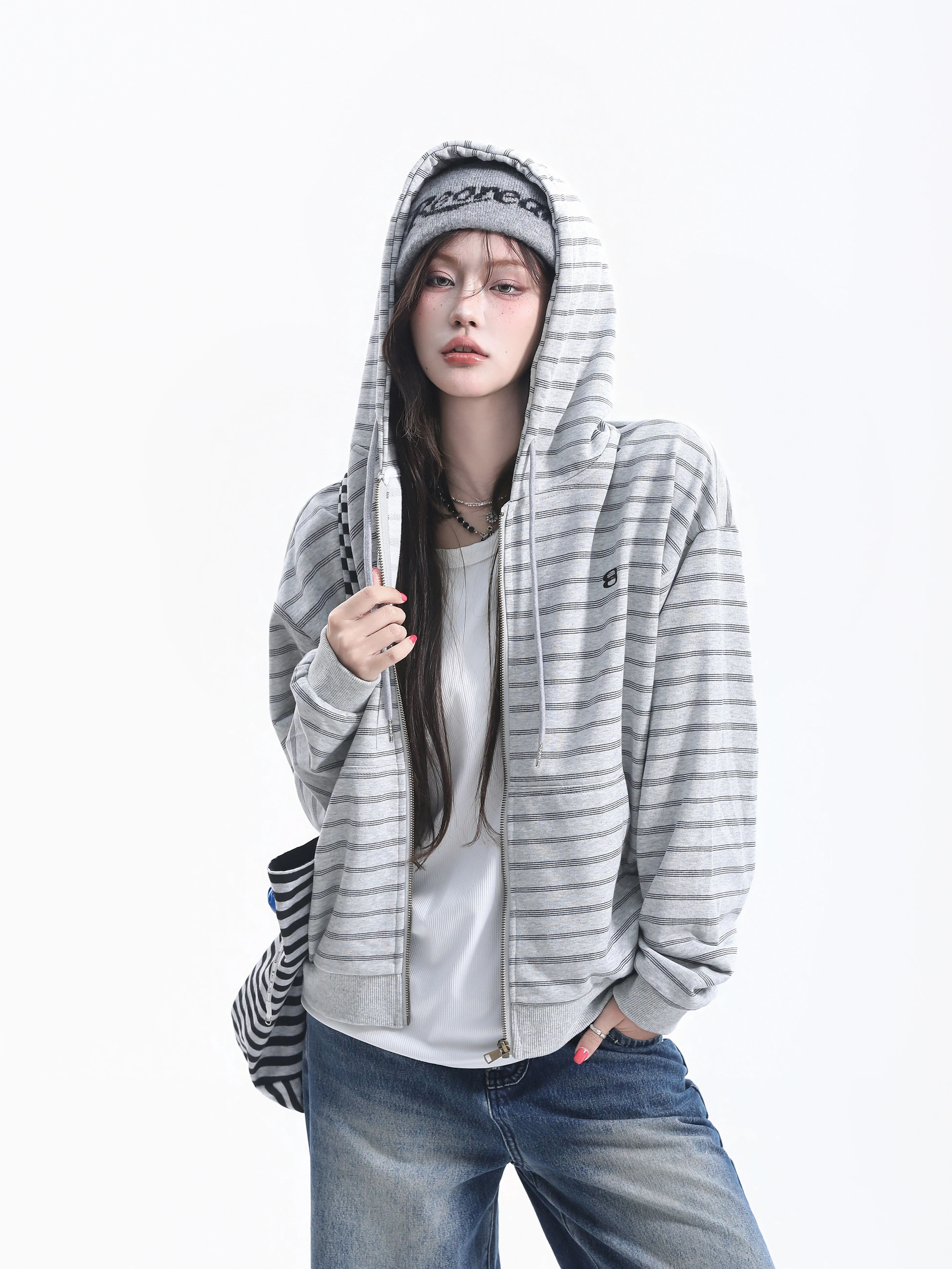 Casual Striped Hooded Open Cardigan Women's Loose Short Commute Sportswear Outerwear Polyester Cotton Blend Long Sleeve Zipper
