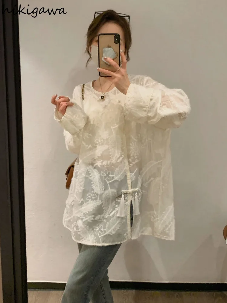 Chinese Style Blouses Women Clothing Oversized Tops Long Sleeve Tassel Shirts Fashion Summer Lace See Throught Camisas De Mujer