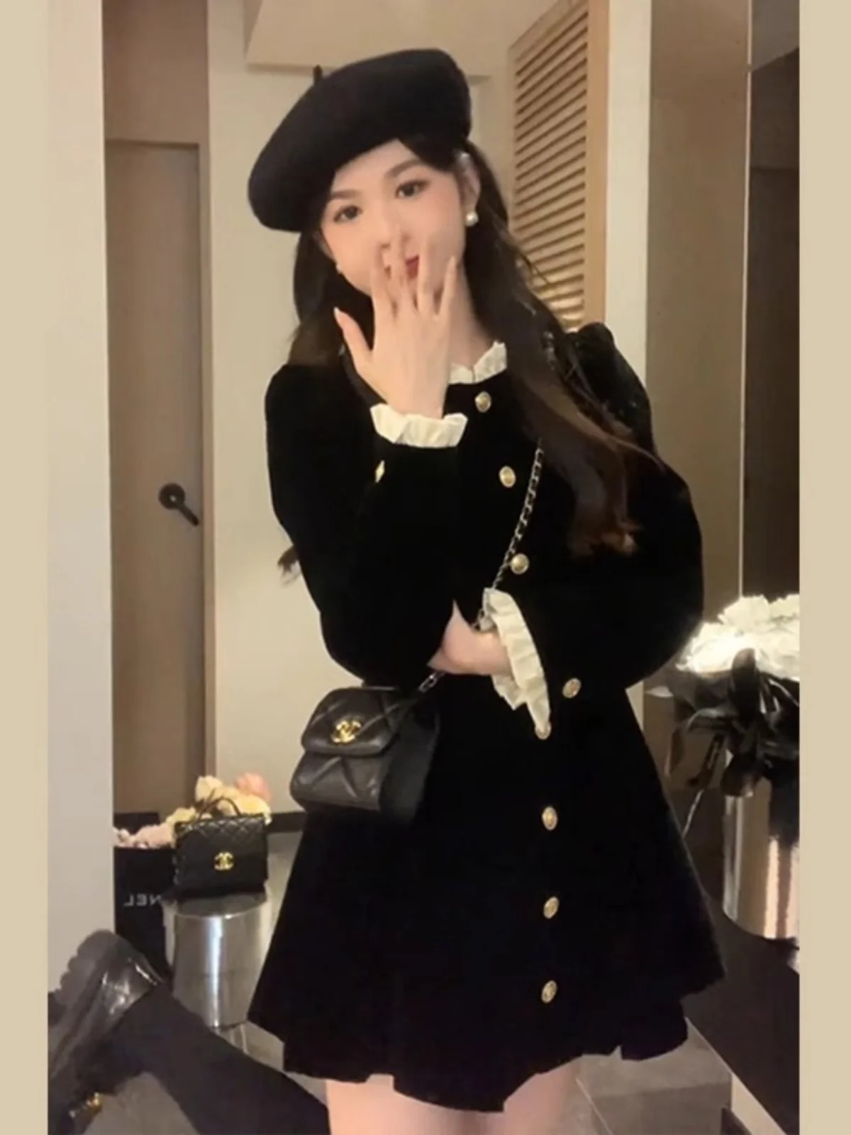 벨벳 드레스 A라인 긴 소매 라운드넥 가을 겨울 벨벳 여성용 허리 조임 부잣집 딸 드레스 원피스 드레스 원피스 드레스