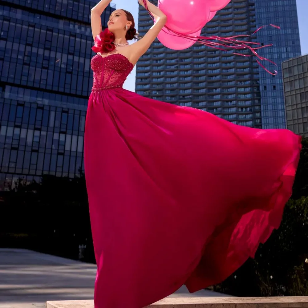 Vestido largo de gasa con flores, traje sin tirantes, a medida, ideal para fiestas y ocasiones