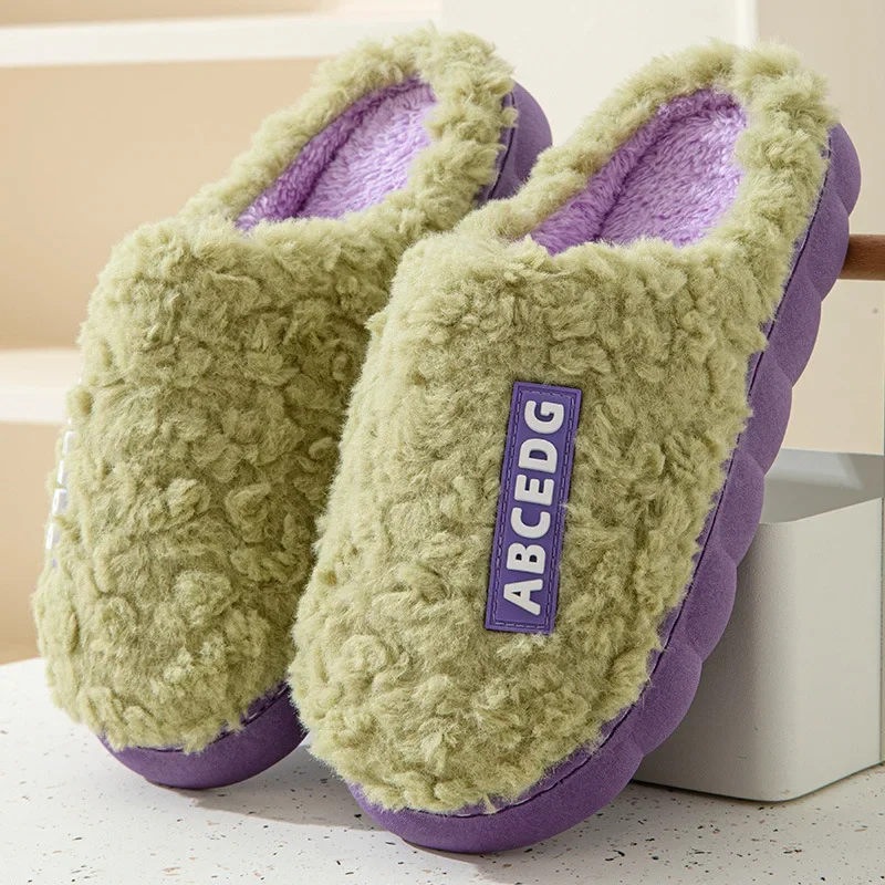 furry cotton slippers for men and women autumn and winter with thick bottom for indoor warm and non-slip furry cotton shoes