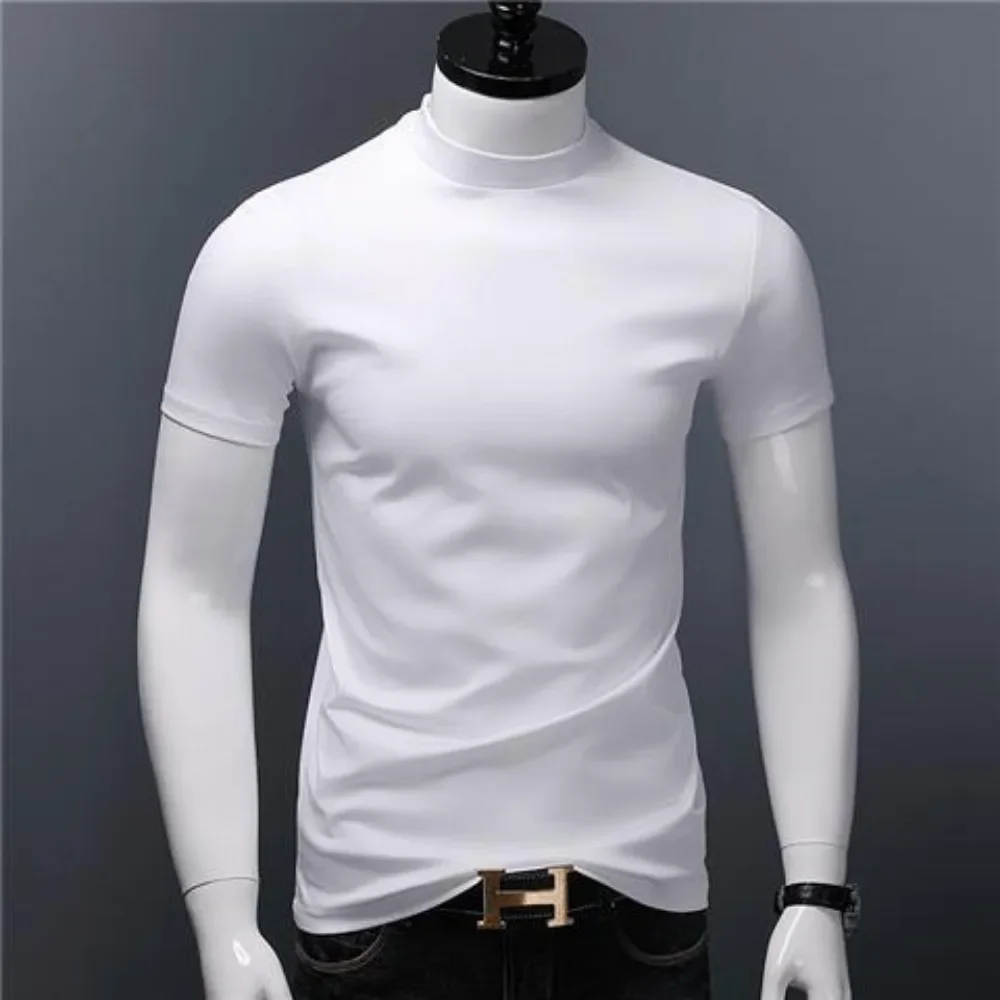 Men\'s Casual Turtleneck T-Shirts Short Sleeve Solid Slim Fit Silk High Neck Tops Inner Wear Trendy Round Neck Base Layer Shirt