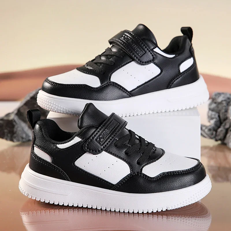 Luxury Children Shoes Boy Sneaker Black White Leather Flat Kid Casual Shoes 6 To 12 Years School Lightweight Tennis Sports Shoes