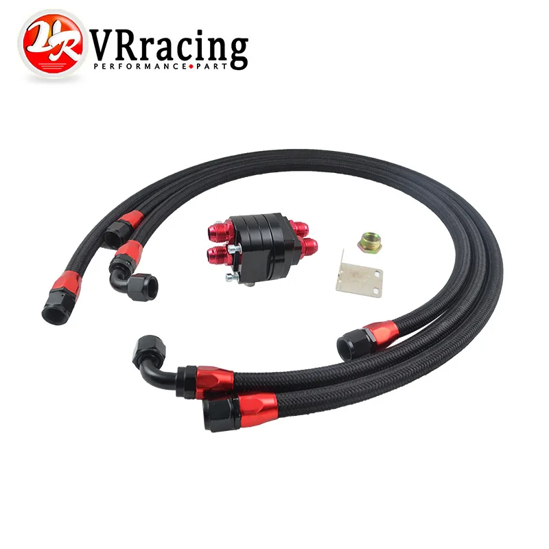 VR - BLACK ALUMINUM OIL FILTER/COOLER RELOCATION KIT+3X BLACK  BRAIDED HOSE LINE+ADAPTER VR6724BK+3PCS