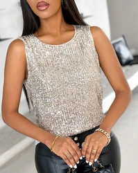 Women's Casual Tank Top 2024 Spring Summer Latest Allover Sequin Round Neck Vest Fashion Sleeveless Daily Versatile Sling