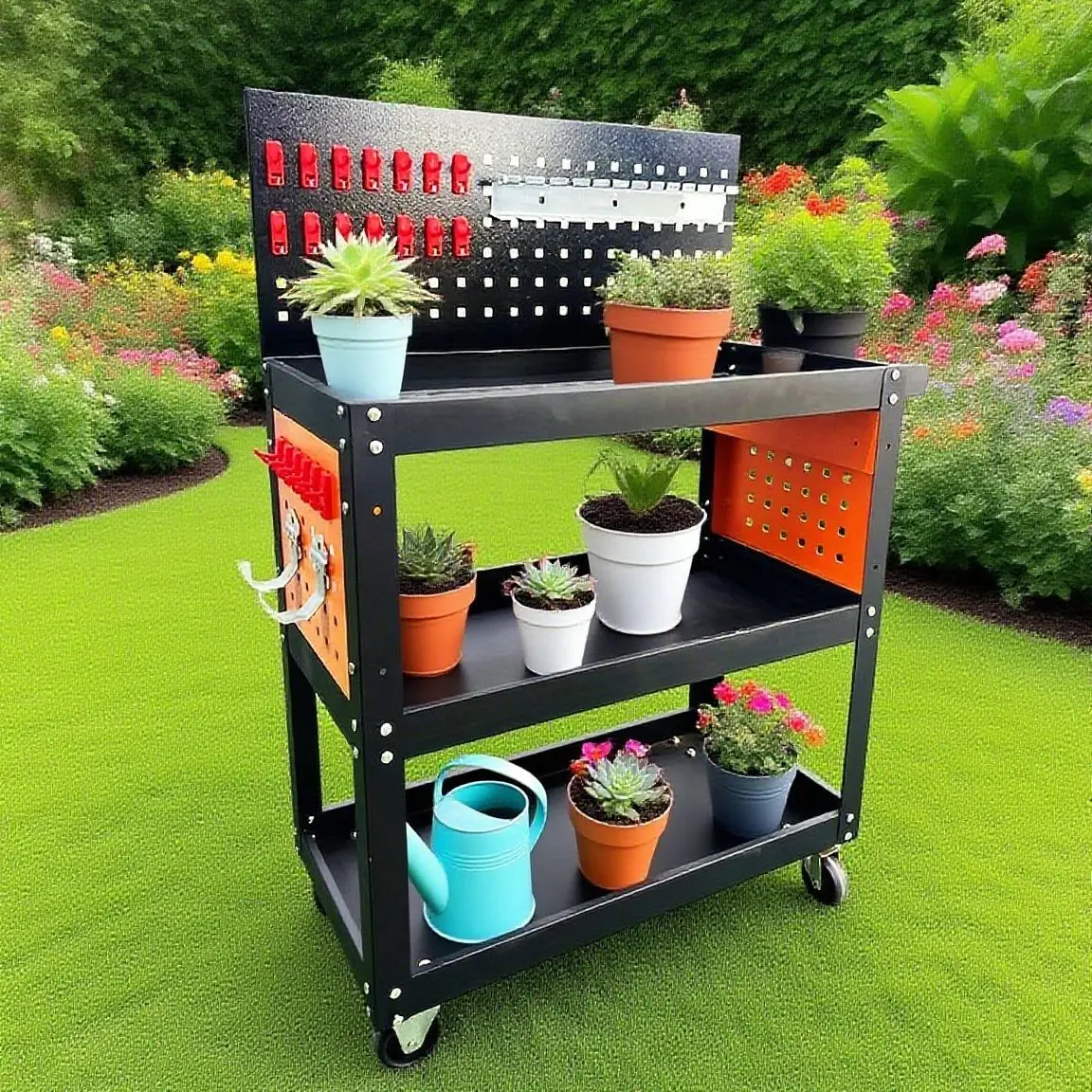 Tool Trolley Iron 3layer Rolling Trolley with Wheel and Drwaer Outdoor Garden Plant Shelves 트롤리 Tool Cart image 2