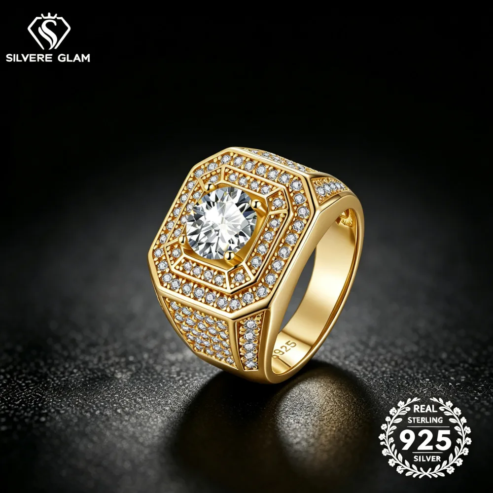 2CT S925 Sterling Silver Octagon Halo Signet D VVS1 Moissanite Ring Fine Jewelry Men Hip Hop Engagement Statement Ring
