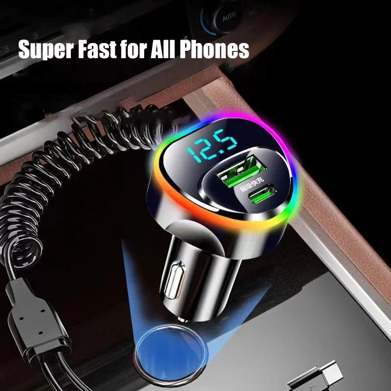 USB C Car Phone Charger Adapter with Cable Voltage Monitor 4 in 1 Super Fast Charging for iPhone 15 Pro Max Samsung Oneplus