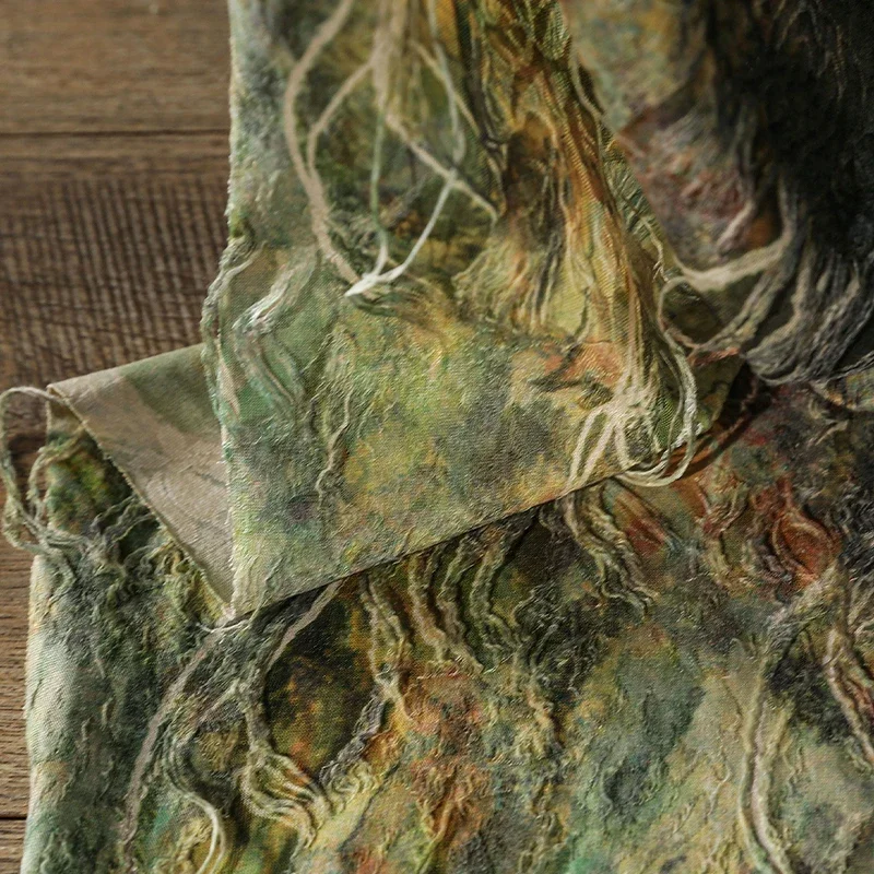 

50cm Moss Imitation Knitted Tassel Textured Fabric Retro Green Dunhuang Moss-Stained Ripped Designer Fabric DIY Fashion Clothing