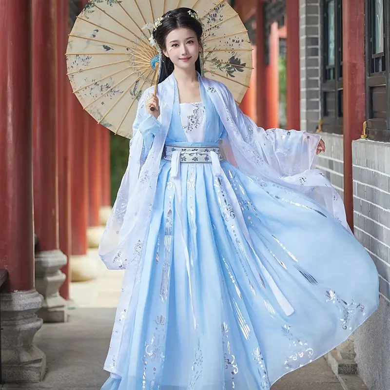 

Женское платье Hanfu, голубое китайское традиционное китайское платье ханьфу, женская одежда для косплея, танцевальный костюм, женское искусственное XXXL