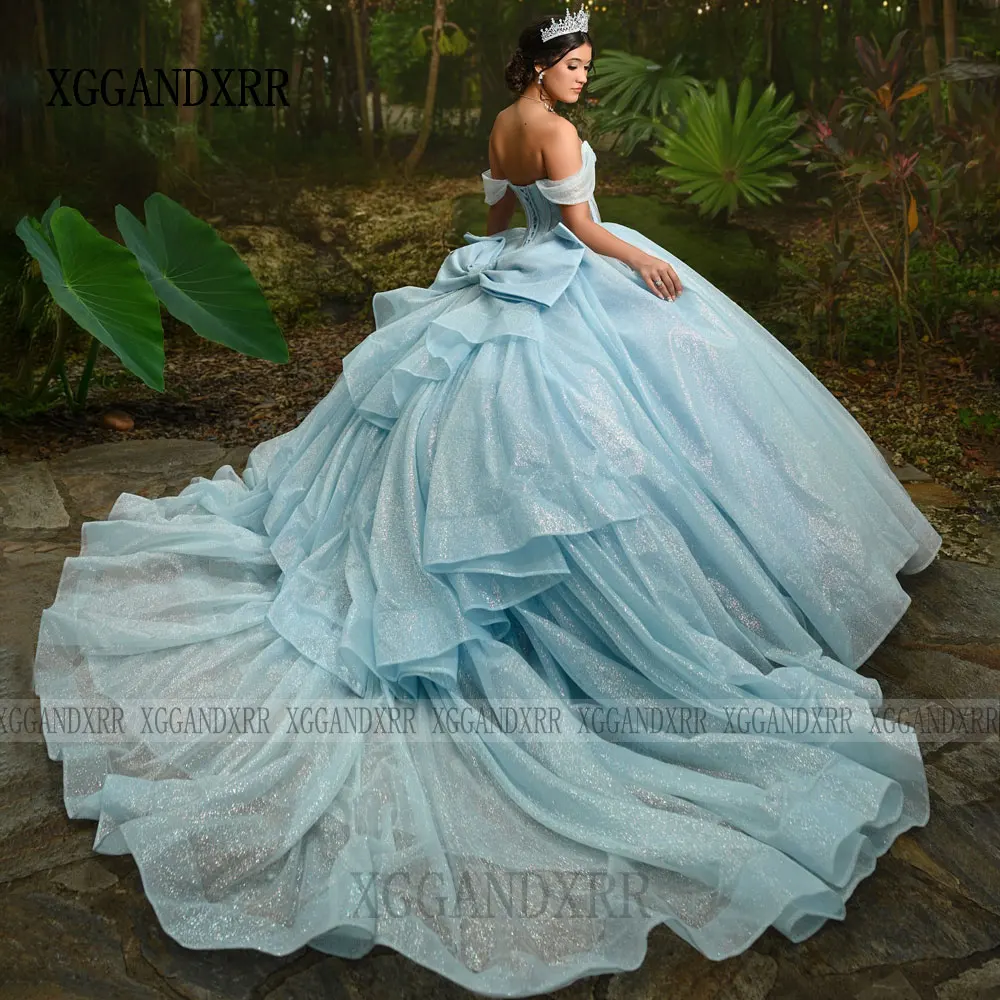 فساتين Quinceanera الأنيقة لعام 2026 على شكل قلب للفتيات مكشوفة الكتف وطبقات على شكل فيونكة كبيرة رداء الأميرة الأزرق الحلو 15 حسب الطلب #4