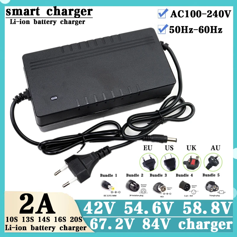 42V 54.6V 58.8V 67.2V 84V 2A charger for 36V 48V 52V 60V 72V 10S 13S 14S 16S 20S 2A li-ion Battery Charger DC Socket/connector