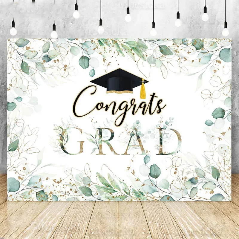 7X5FT Green Leaves Congratulations Graduates Grads Floral Class Of 2024 Custom Photo Backdrop Background Vinyl 220cm X 150cm