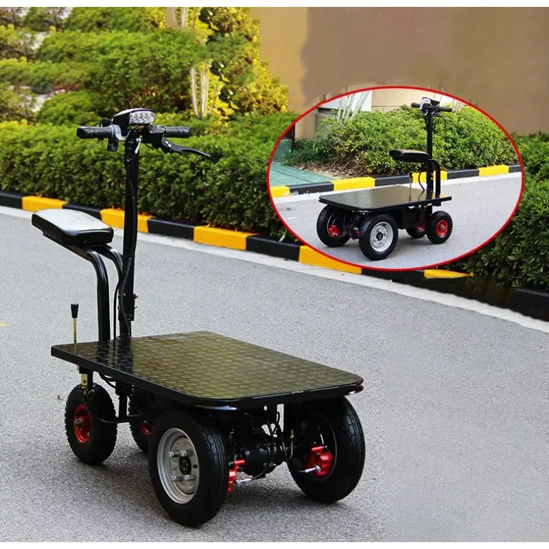 

Electric Platform Trolley Cart With Seat Handlebar Warehouse Portable Hand Trolley Flatbed Cargo Electric Platform Trolley