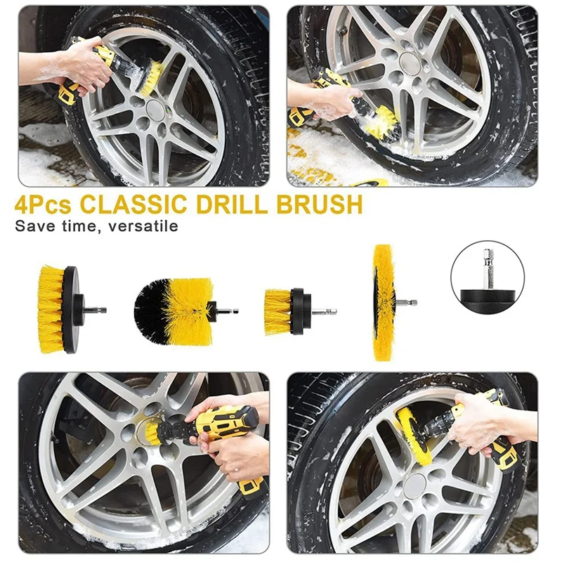 Drill Cleaning Brush Attachment Set Power Scrubber Brushes Tool Kit Yellow Plastic For Clean Car Wheel Tire