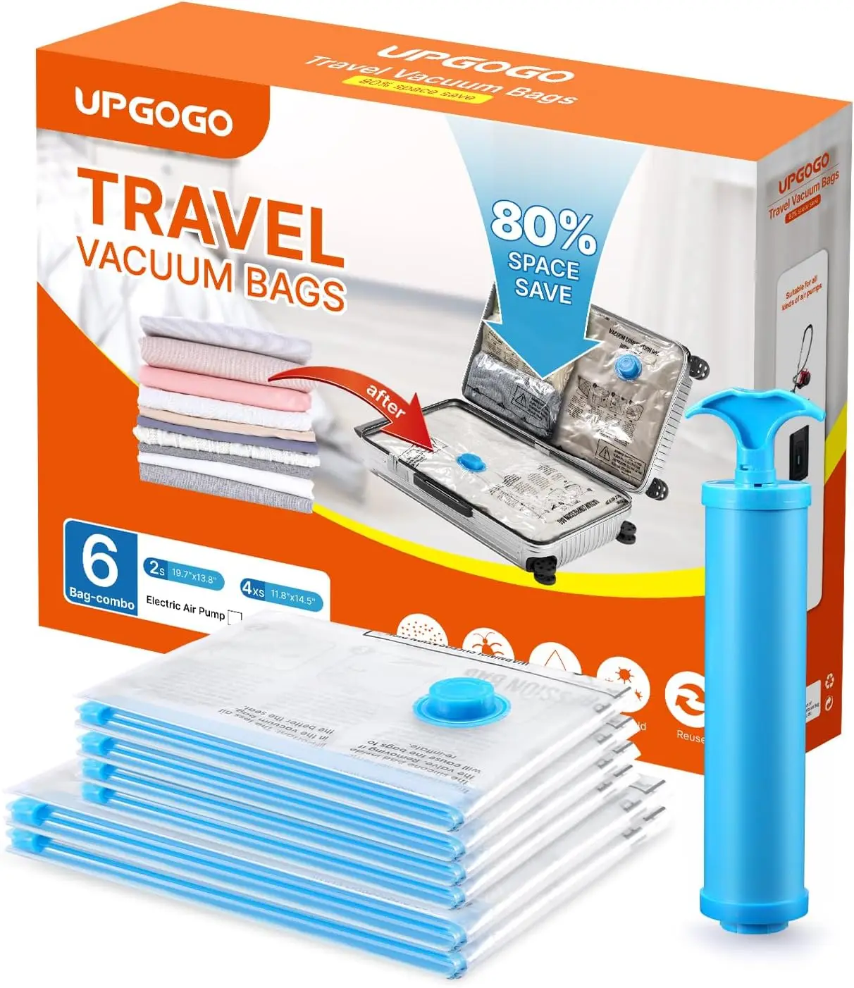 

Vacuum Travel Bags 6 Pack for Clothing and Blankets with Hand Pump - Space Saver Storage for Luggage