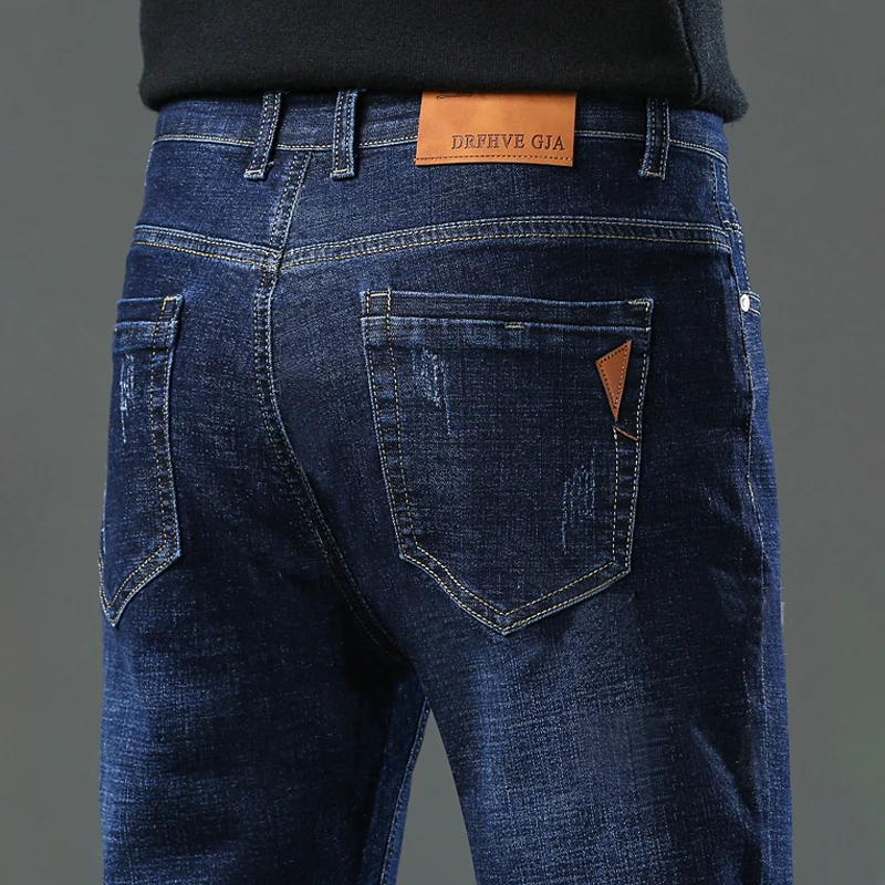 

Men's Cotton Jean Pants Straight Stretch Denim Jeans Korean Casual Long Four Seasons Classic Belted Jeans Blue Black Trousers