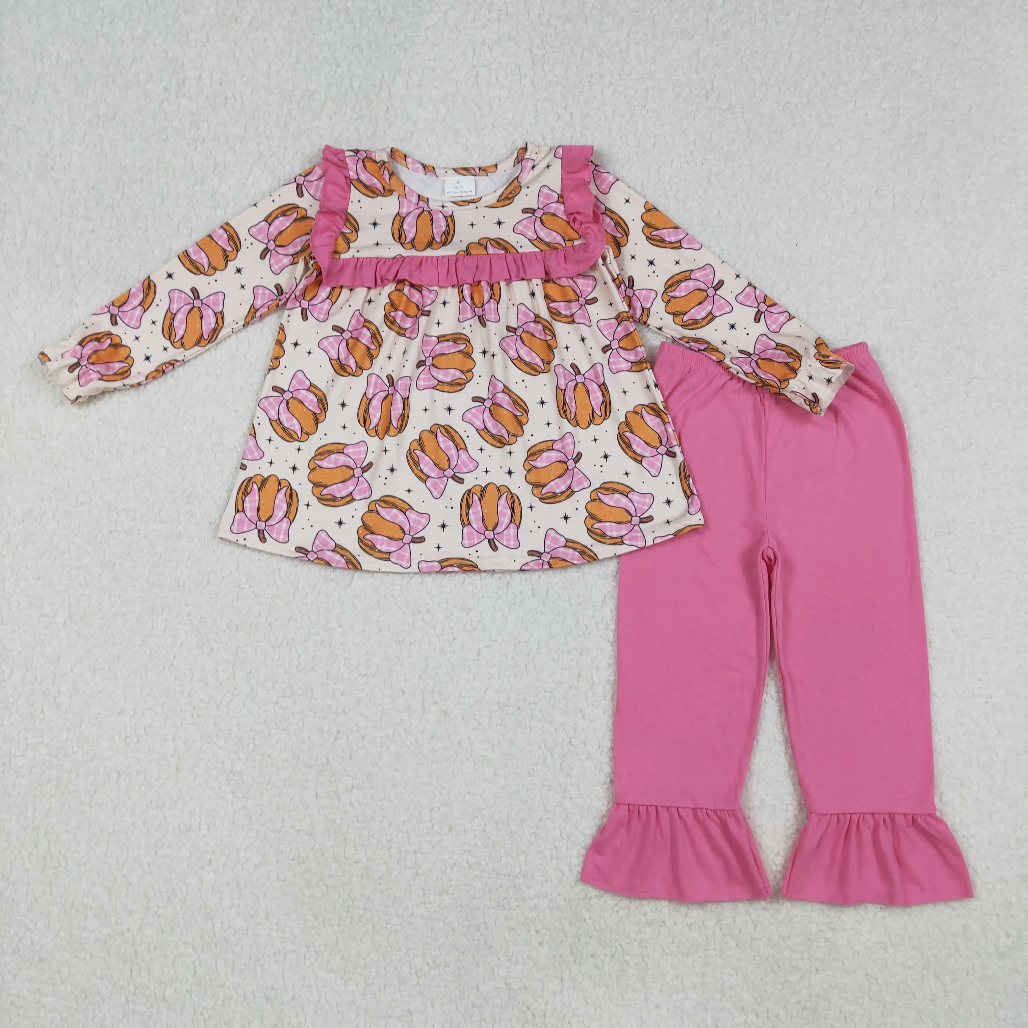 

9.8y Thanksgiving baby girls set wholesale boutique plaid bow pattern pumpkin pink lace beige long sleeve trousers suit