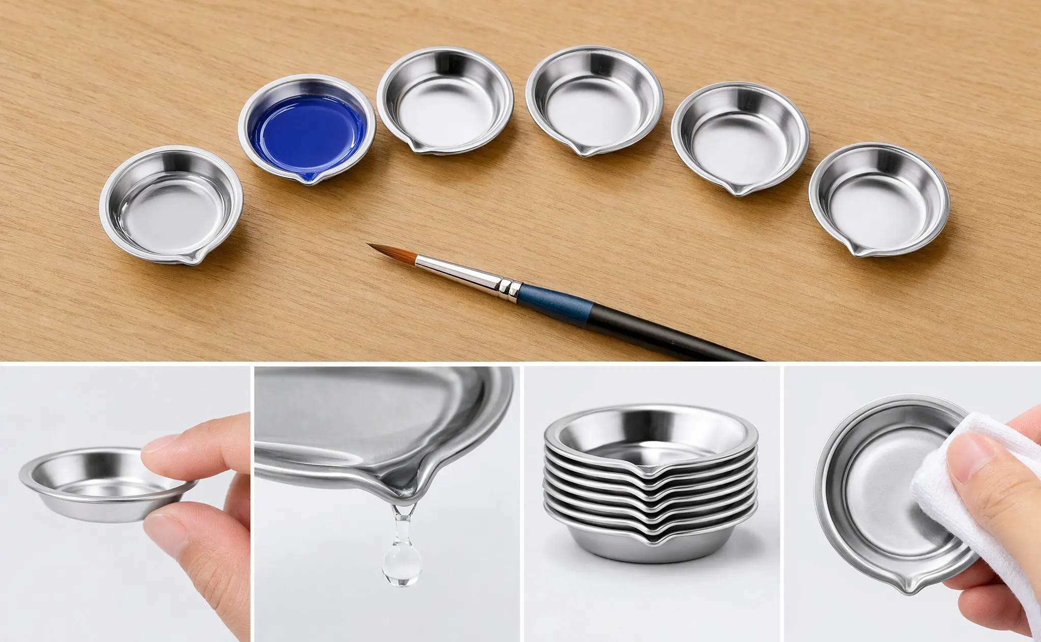 6Pcs Stainless Steel Artist Palette Round Paint Mixing Tray with Spout for Watercolor Enamel Acrylic Airbrush DIY Craft Portable
