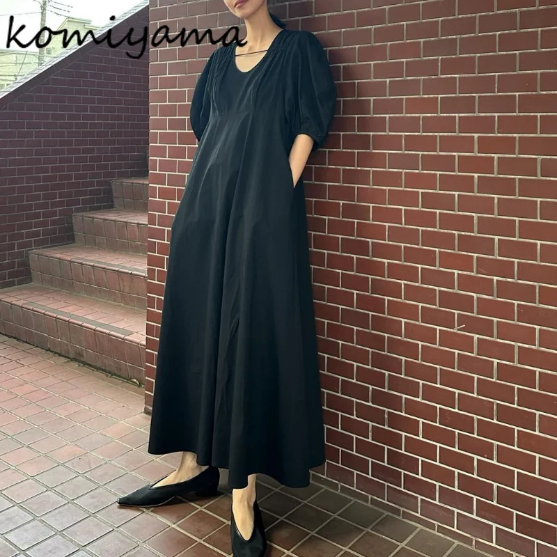 Summer High Waist Draped Dresses Women V Neck Puff Sleeve Dress Japanese Loose Casual Vestidos Vintage Fashion Robe Femme