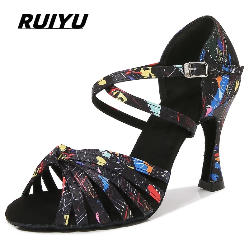 Latin Dance Shoes Women's Flower Satin Salsa Tango Ballroom Party High Heel Women's Shoes Summer Dance Sneakers Outdoor Sandals