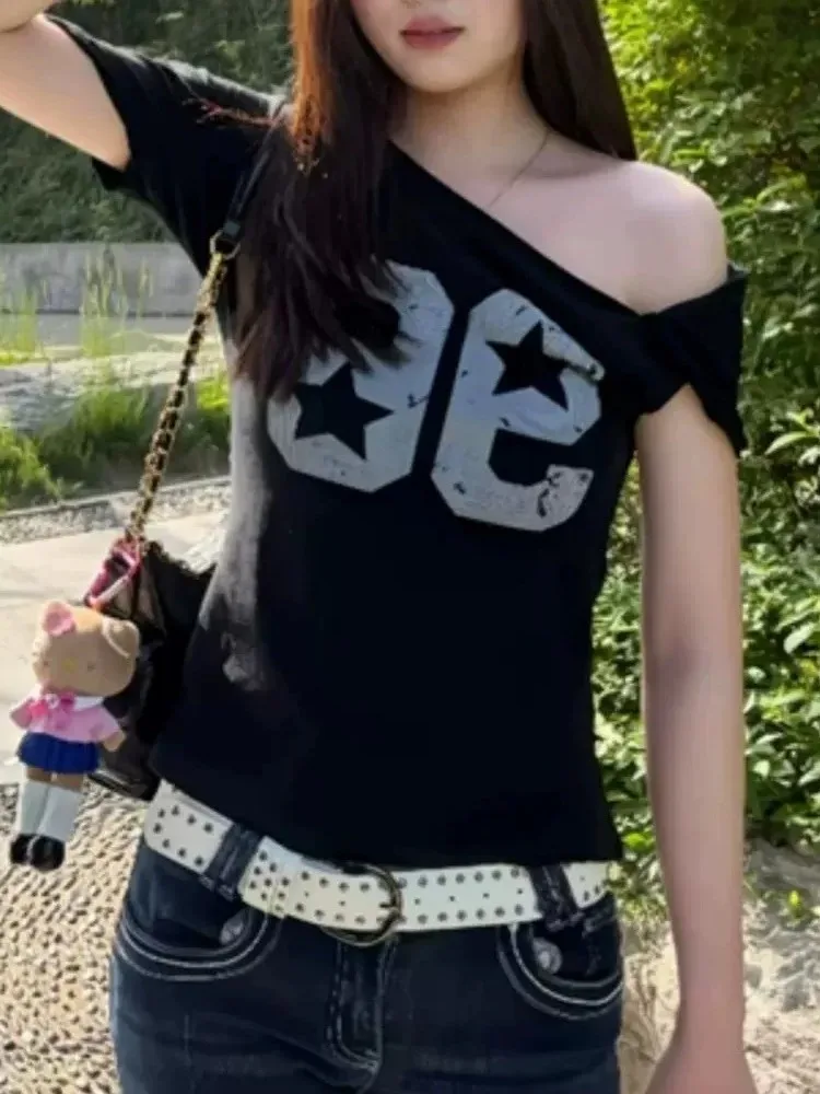 American Hot Girl Short Sleeve T-Shirt Women Summer Digital Print Slimming Shoulder Bared Top in Style Casual Fashion