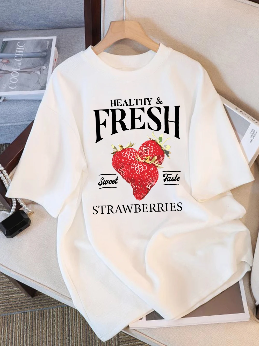 

100% Cotton Womens T-Shirts Summer Fresh Strawberrys Sweet Printing T Shirt Comfortable Soft O-Neck Tops Basic Womans Clothes