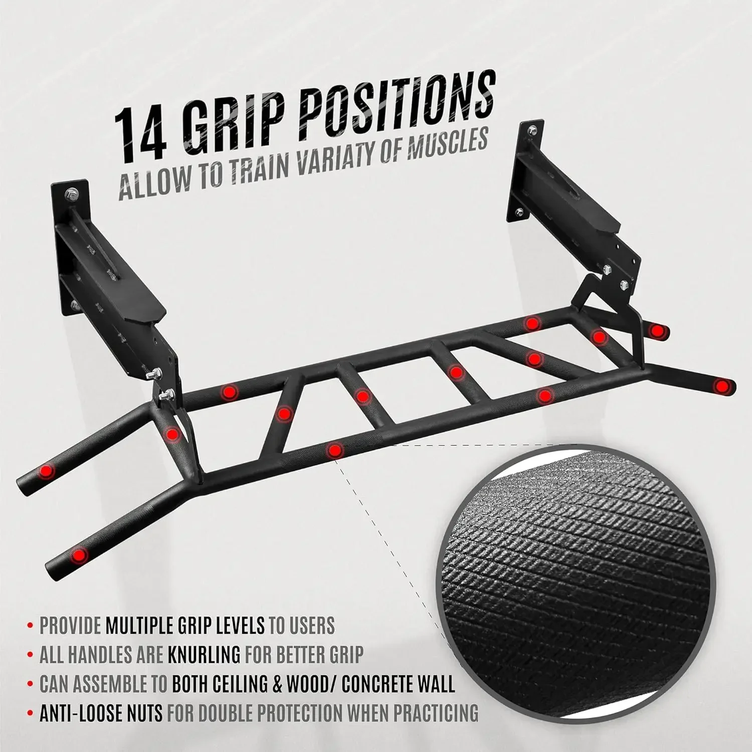 

tt Heavy Duty Wall Mounted Pull Up Bar – Multi-Grip Ceiling Strength/ Joist Mount/ Chin-Up Bar for Home Gym Portable