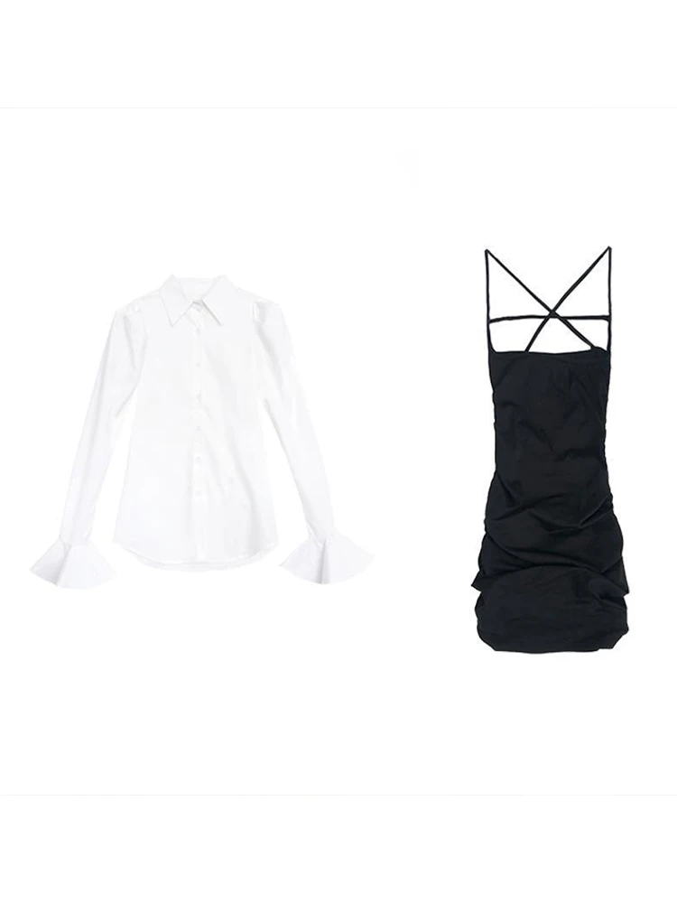 White Shirt Women New Sexy Suspender Mini Flare Sleeve Blouse Slim Tops Short Black Strap Dress Sets Wild 2 Piece Suits Fall